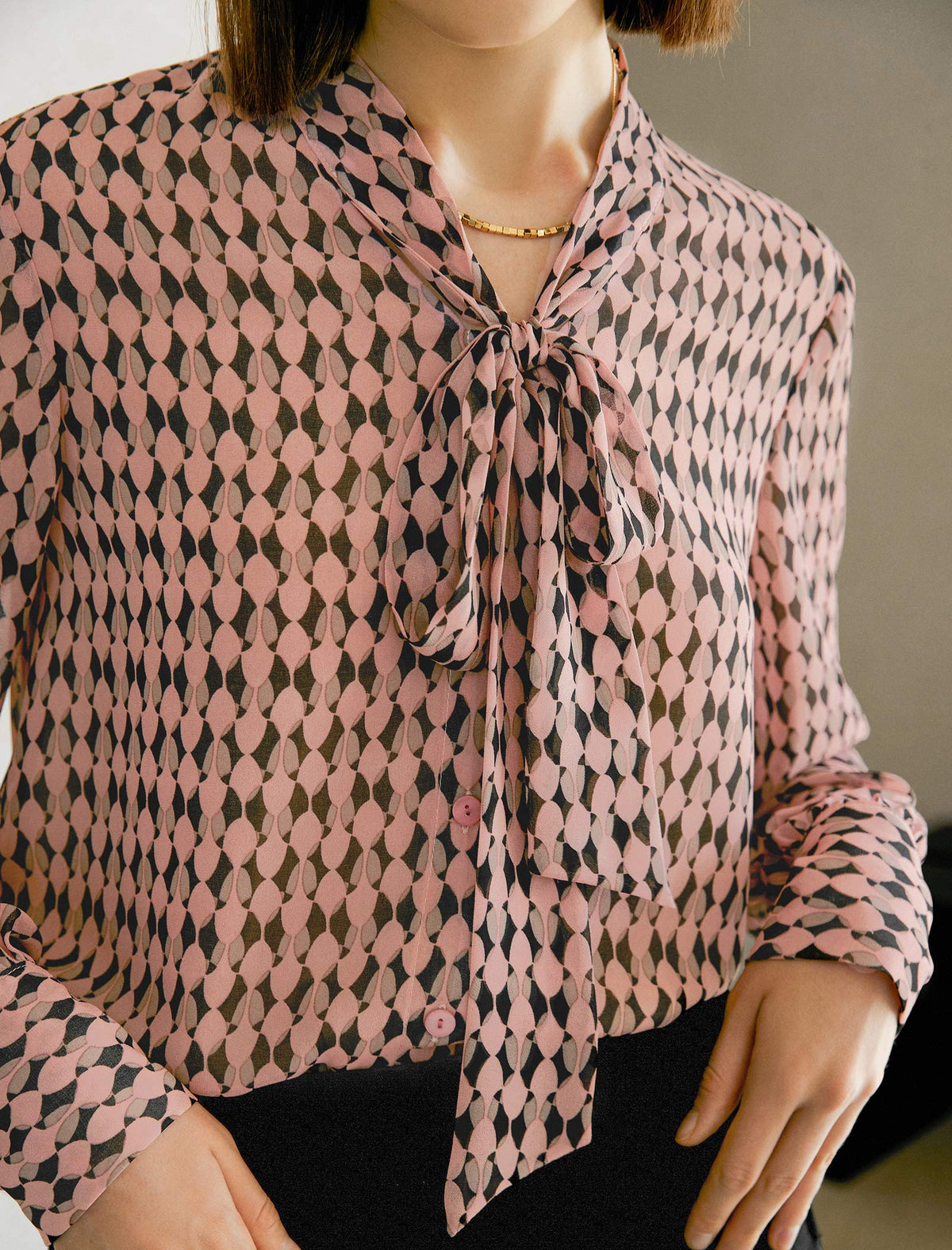 Geometric Print Tie Neck Blouse