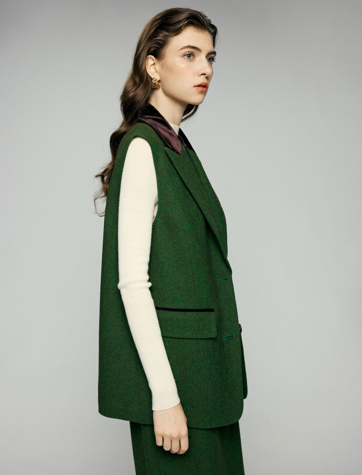 Wool Blend Contrast-Trim Notched-Lapel Button-Front Long Vest