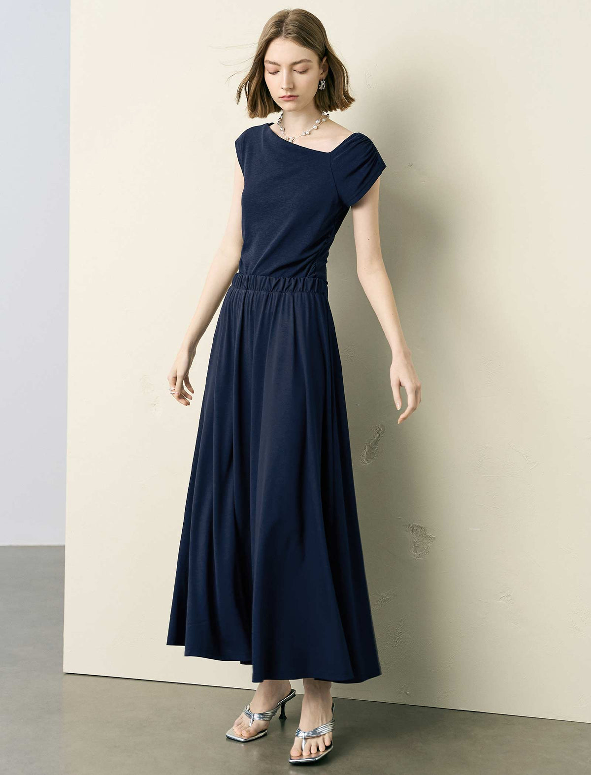 Navy Blue Asymmetric Neck Ruched Knit Top