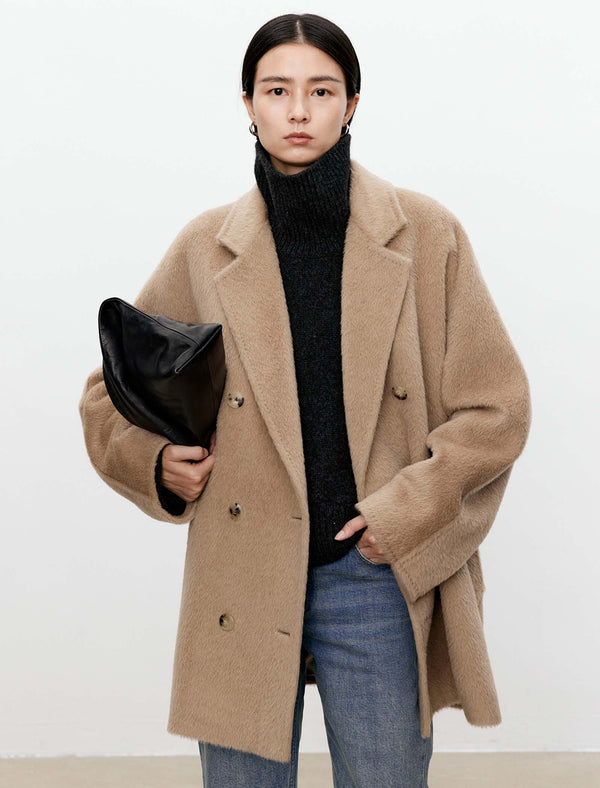 100% Alpaca Double-Breasted Wool Coat