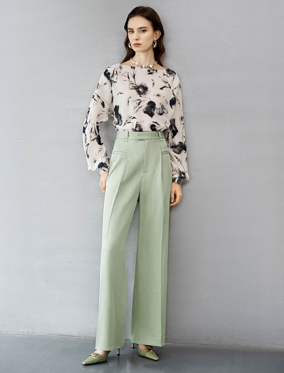 Abstract Floral Print Boat Neck Blouse