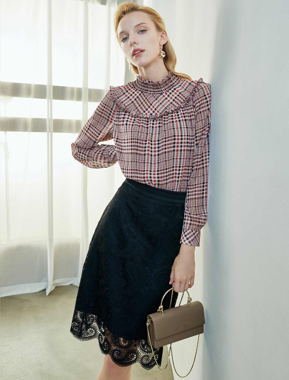 Plaid Ruffled Mock-Neck Blouse
