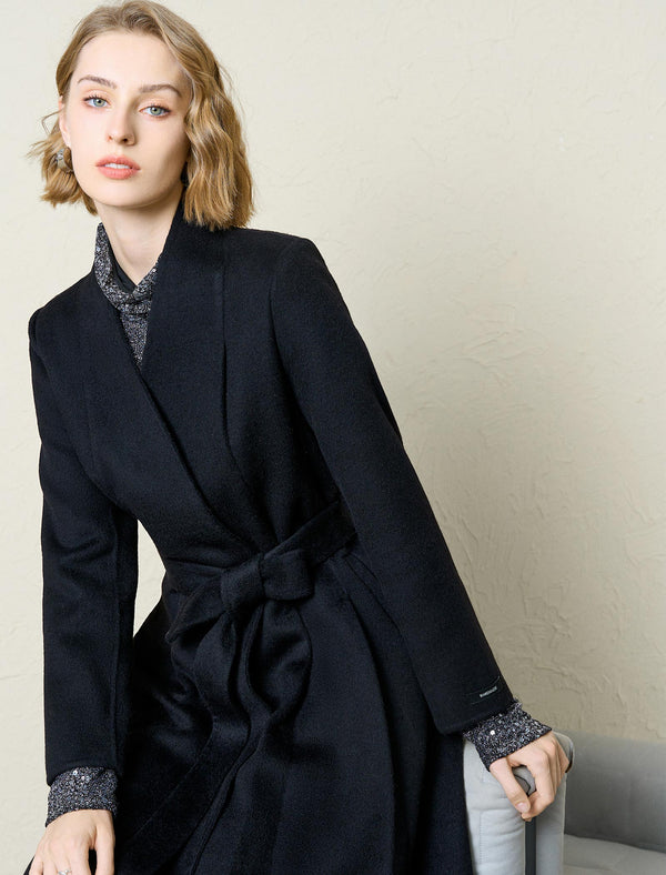 Black Wool-Cashmere Blend Self-Tie Wrap Coat