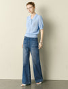 Puff Sleeve Polo Knit Top with Embroidery