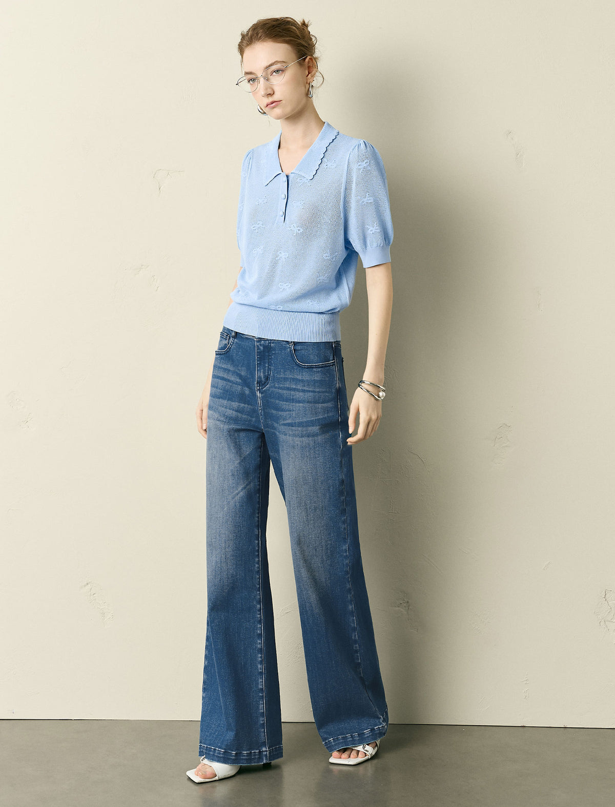 Puff Sleeve Polo Knit Top with Embroidery