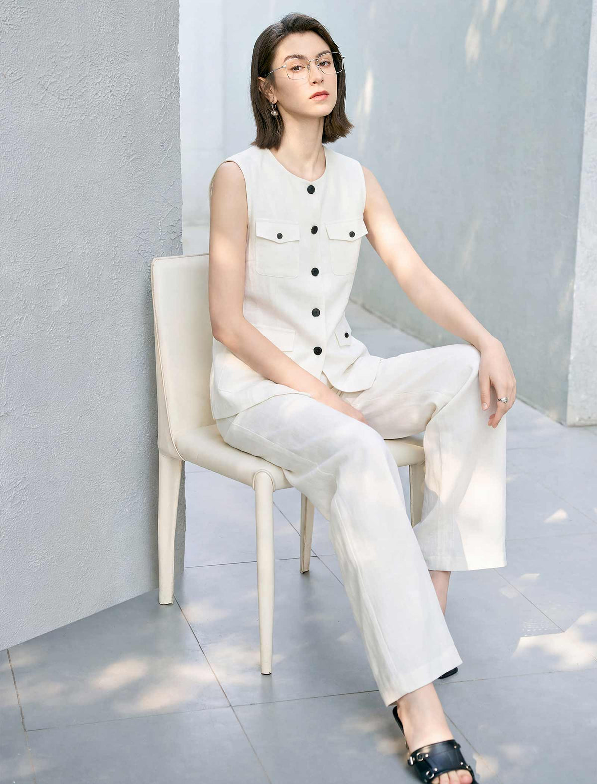 Off-White Linen Blend High Waist Wide Leg Pants
