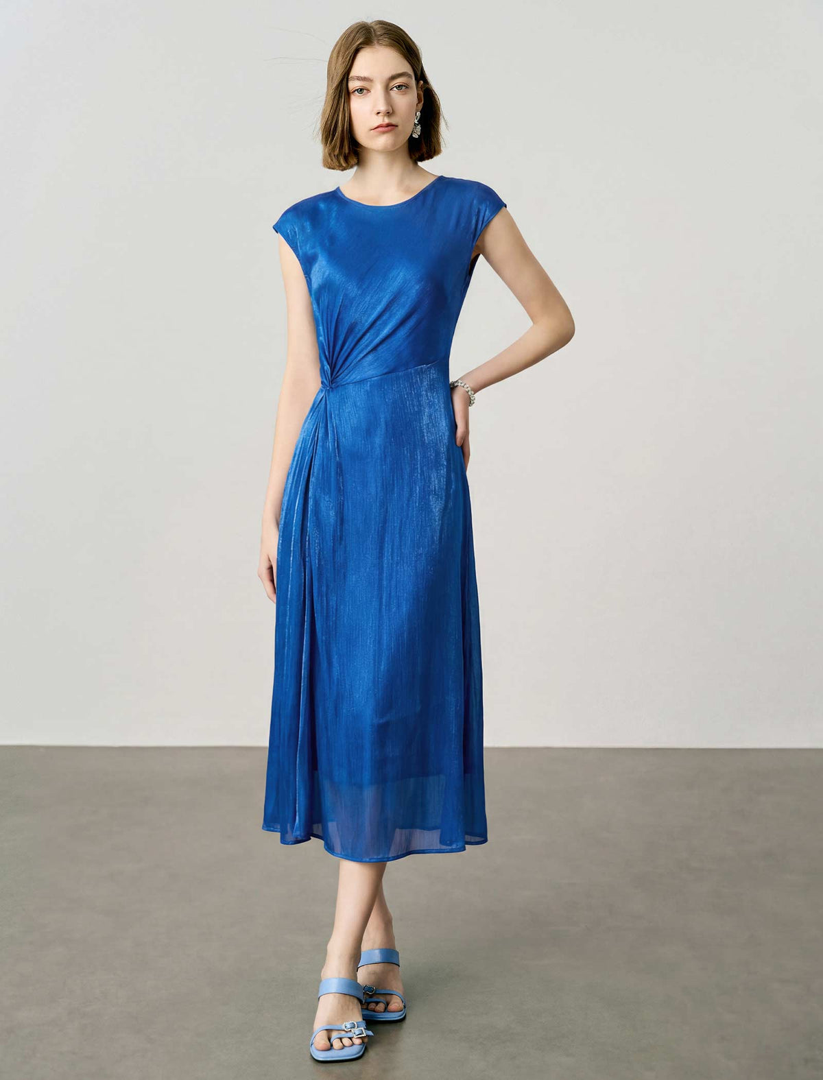Metallic Blue Cap-Sleeve Midi Dress