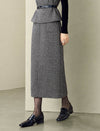Gray Herringbone Wool-Blend Tweed Midi Skirt