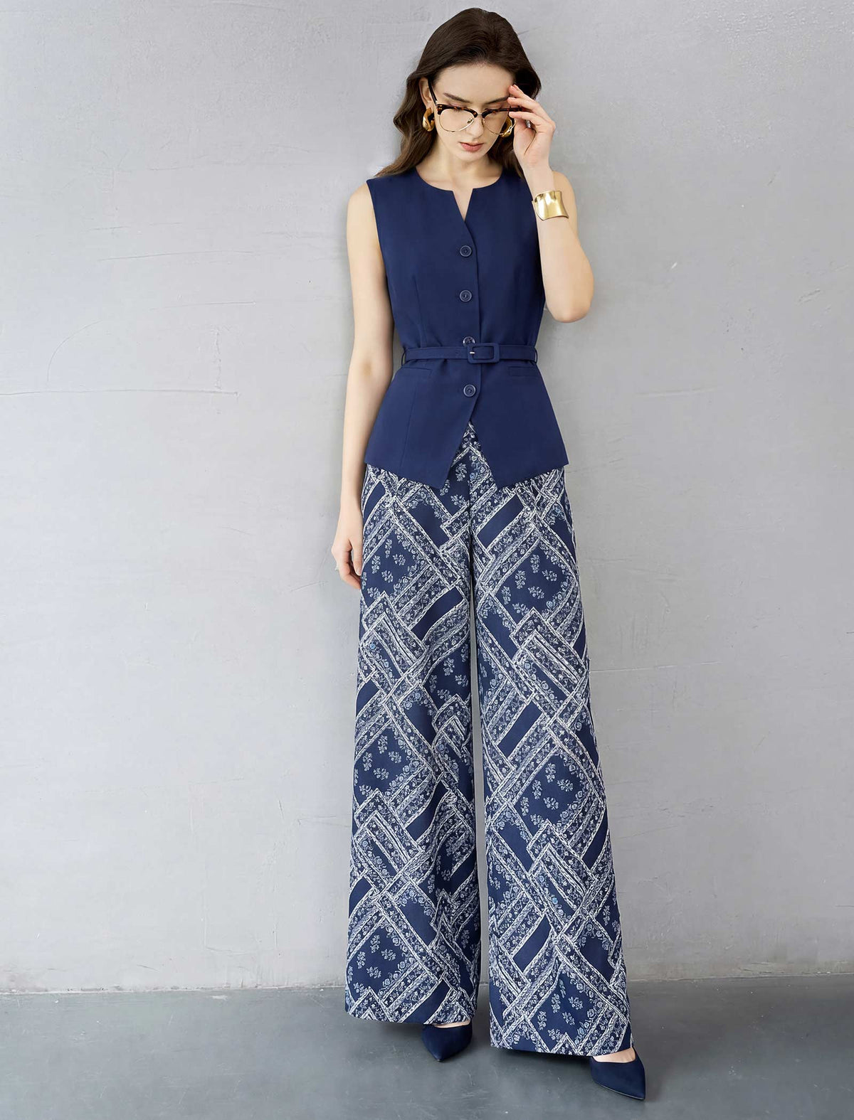 Vintage Geometric Print Wide Leg Trousers