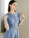 Solid Crew Neck Waist-Cinched Button Dress