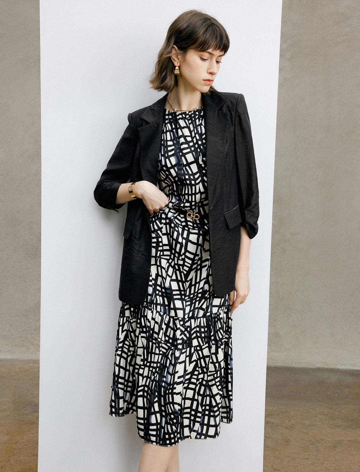 Tencel Ruched Sleeves Textured Tailored Blazer