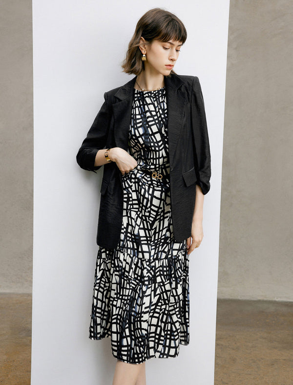 Tencel Ruched Sleeves Textured Tailored Blazer