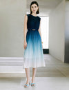 Gradient Blue Pleated Sleeveless Midi Dress