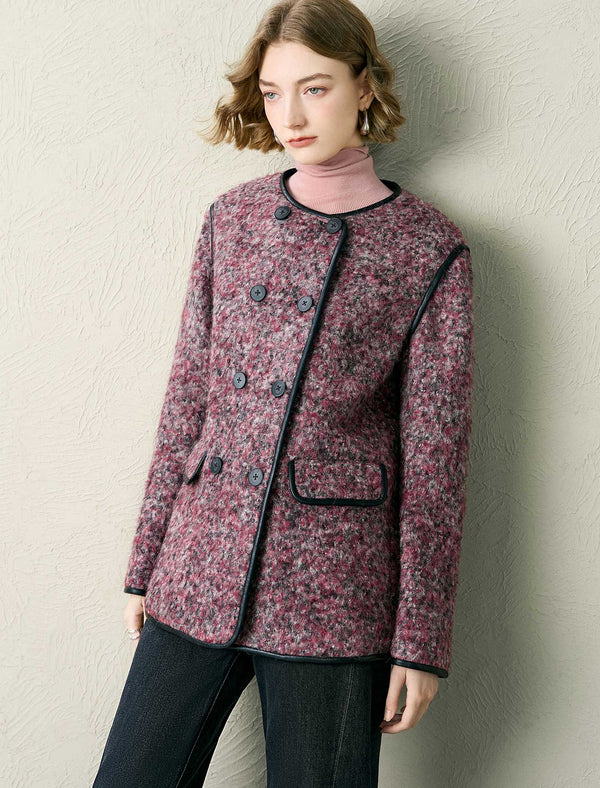 Tweed Wool-Blend Faux Leather Trim Jacket
