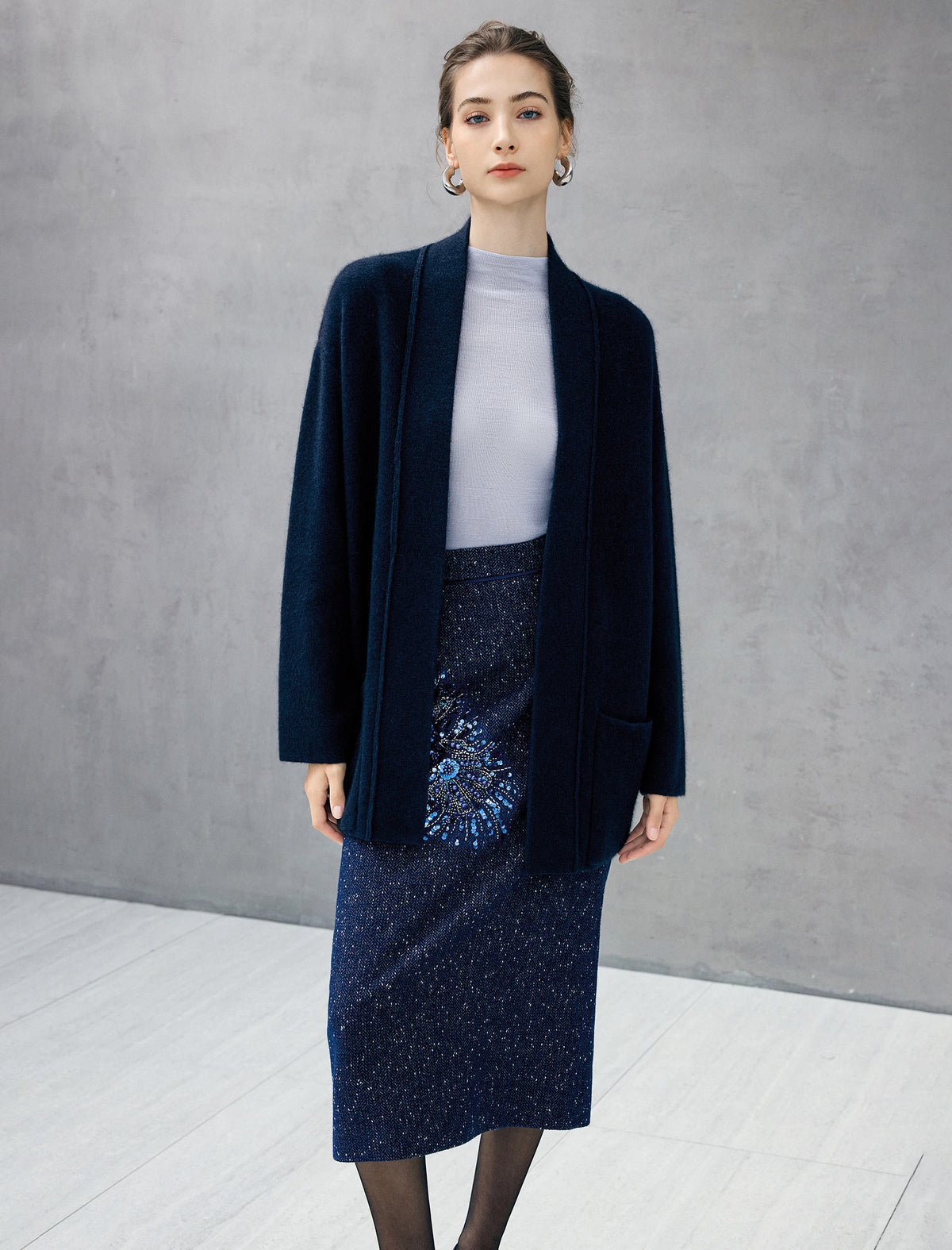 Wool Blend Beaded High-Waist Straight Midi Skirt