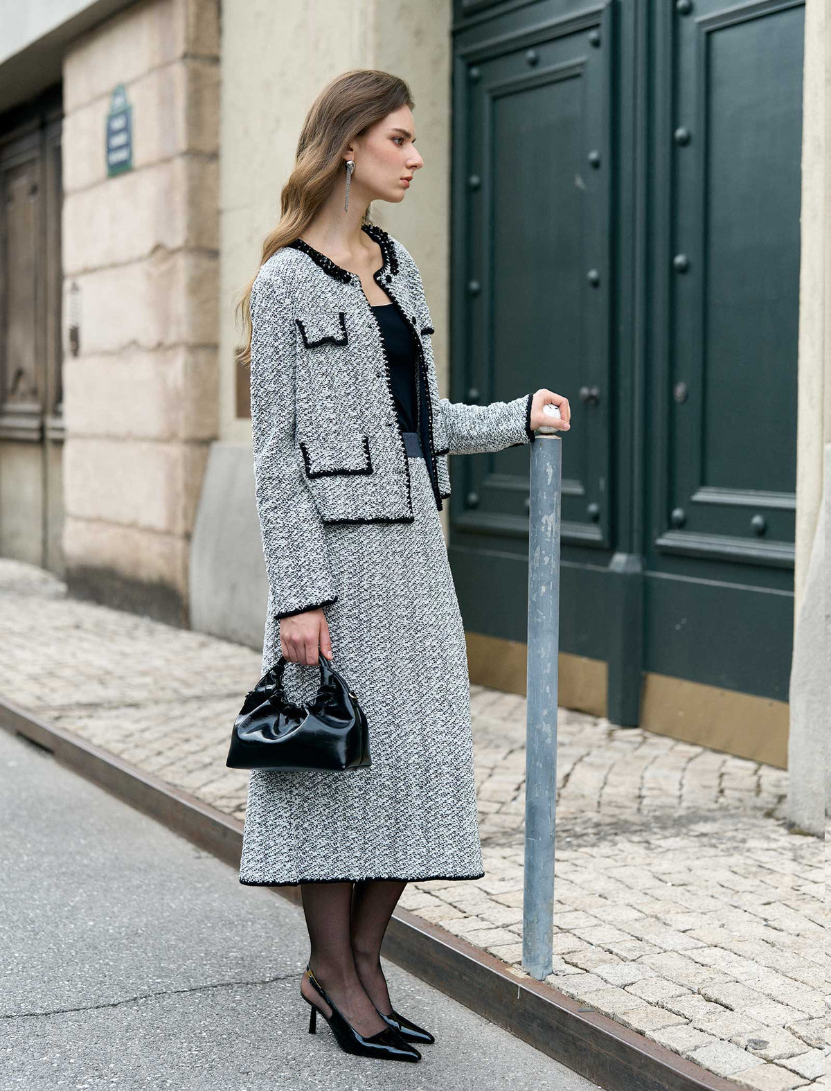 Heathered Wool-Blend Back Slit Midi Skirt