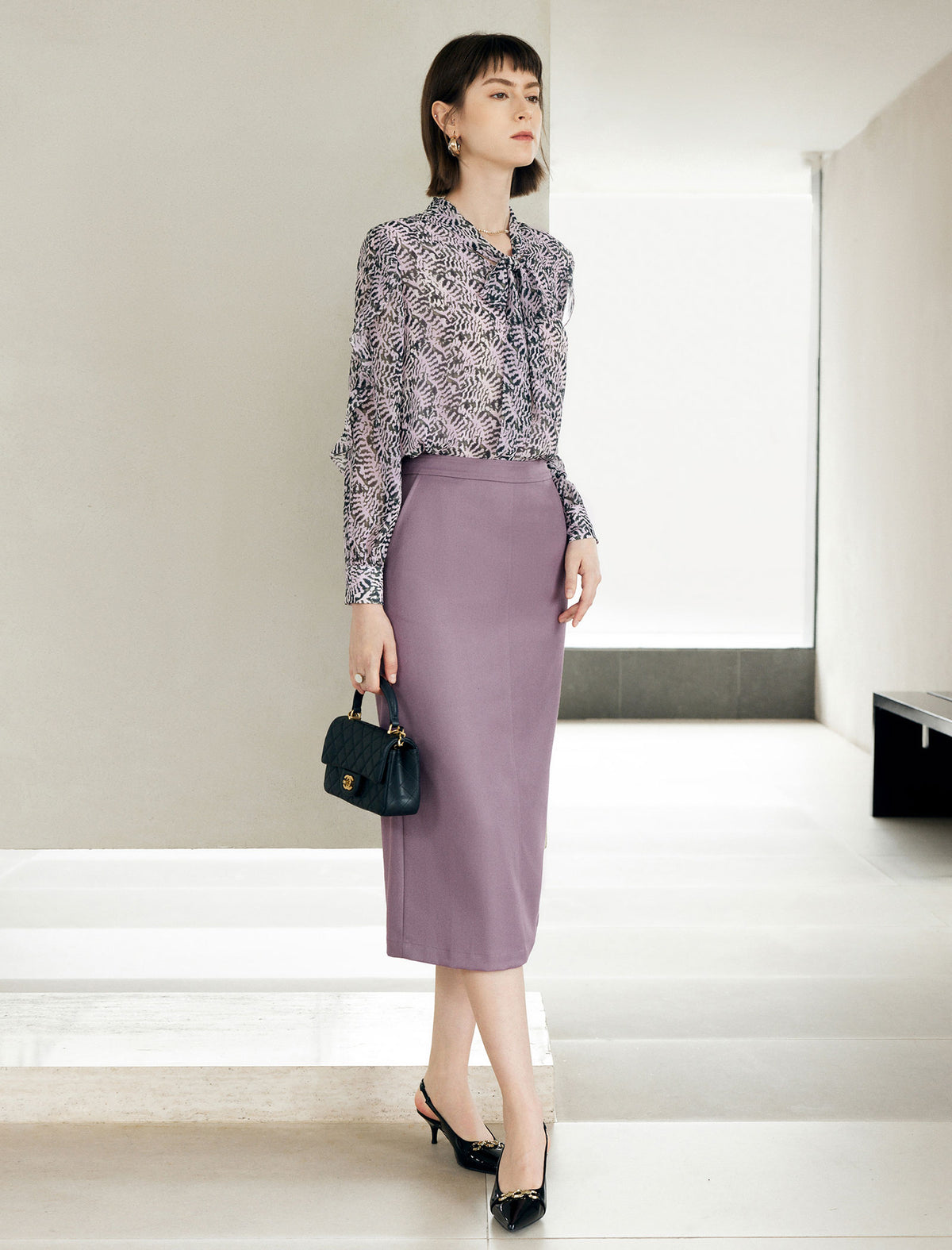 Solid High‑Waist A‑Line Midi Skirt