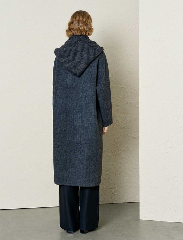 Wool-Tencel Blend Removable Knit Hooded Scarf Long Coat