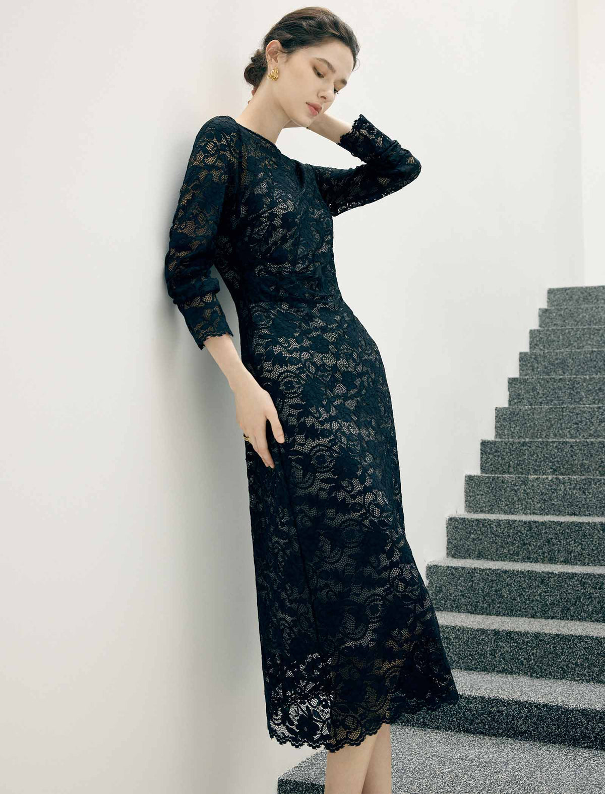 Floral Lace Scalloped Long Sleeve Midi Sheath Dress