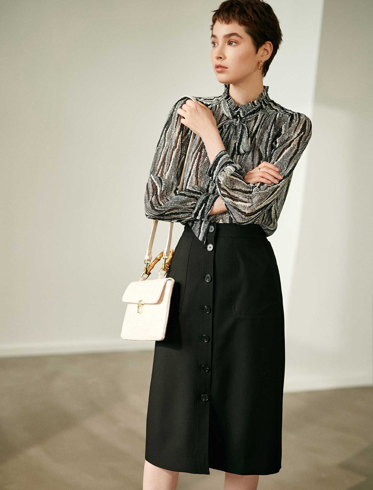 Black Button-Front Midi Pencil Skirt