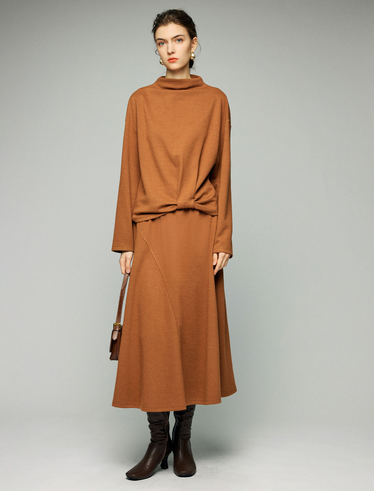 Wool Blend Twist-Front Mock-Neck Relaxed Top