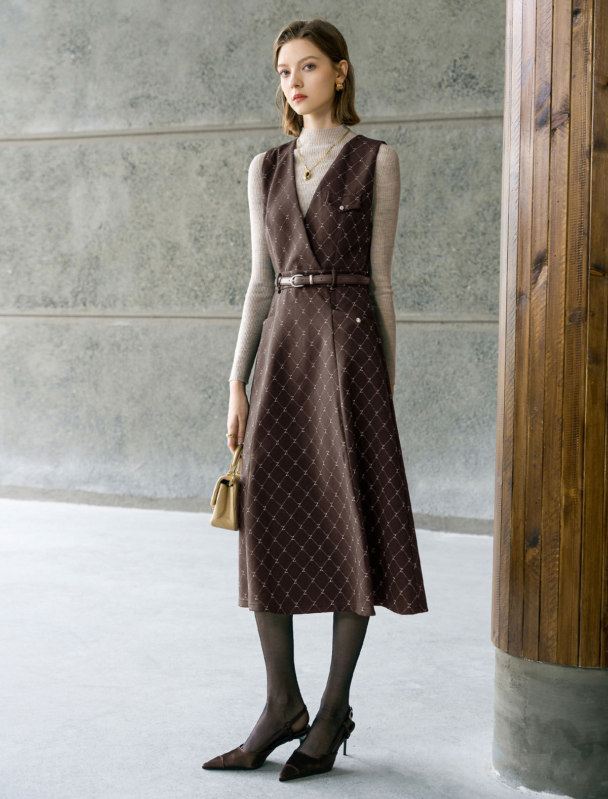 Brown Plaid V-Neck Belted Sleeveless Midi Dress