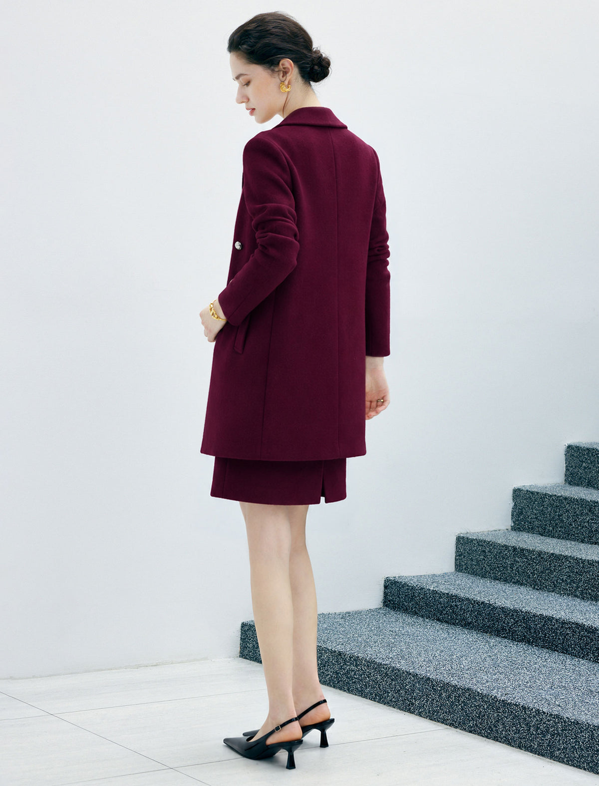 Wool Blend Solid Double-Breasted Relaxed Coat