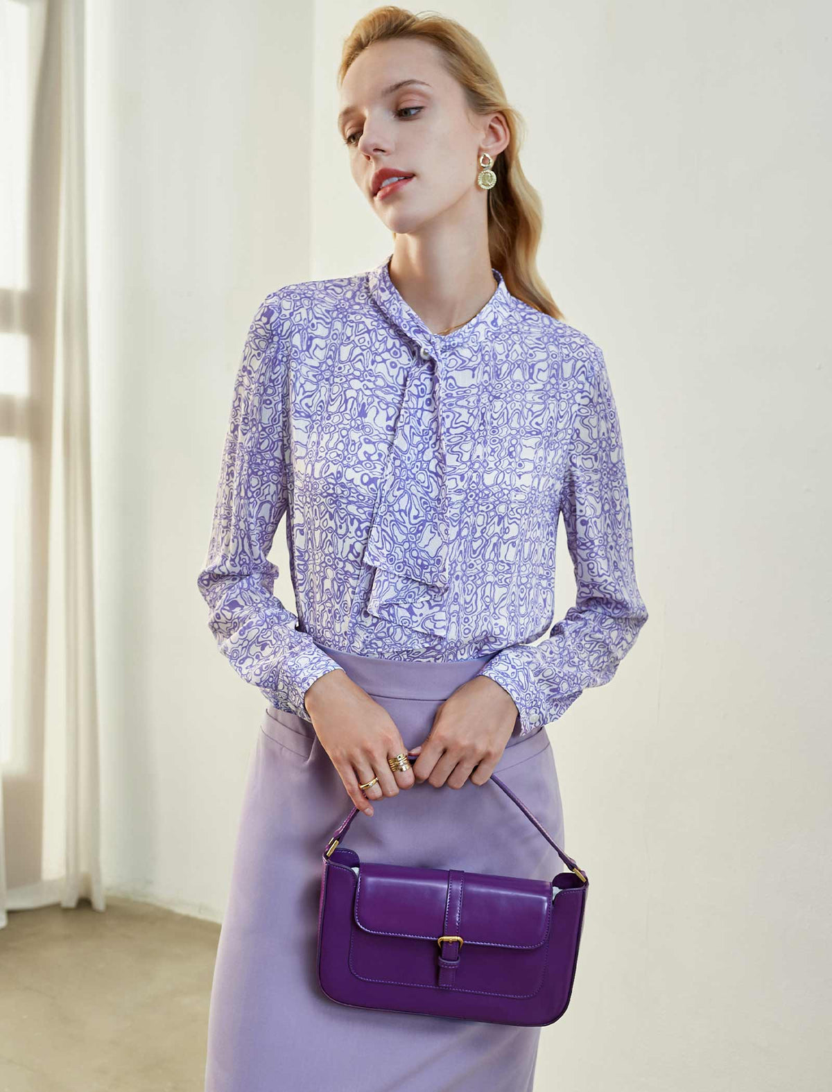 Lavender Patterned Ruffle Blouse