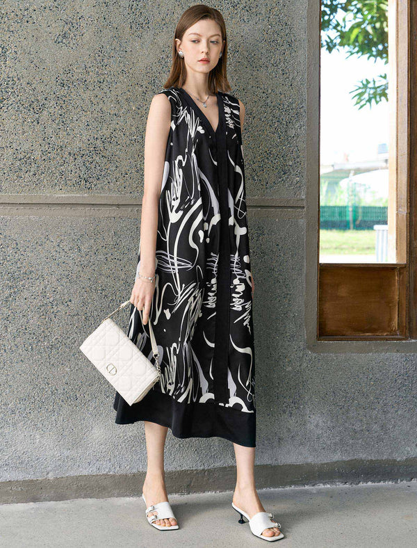 Abstract Print Sleeveless Midi Dress