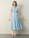 V Neck Wrap Tie Waist Short Sleeve Midi A-Line Dress