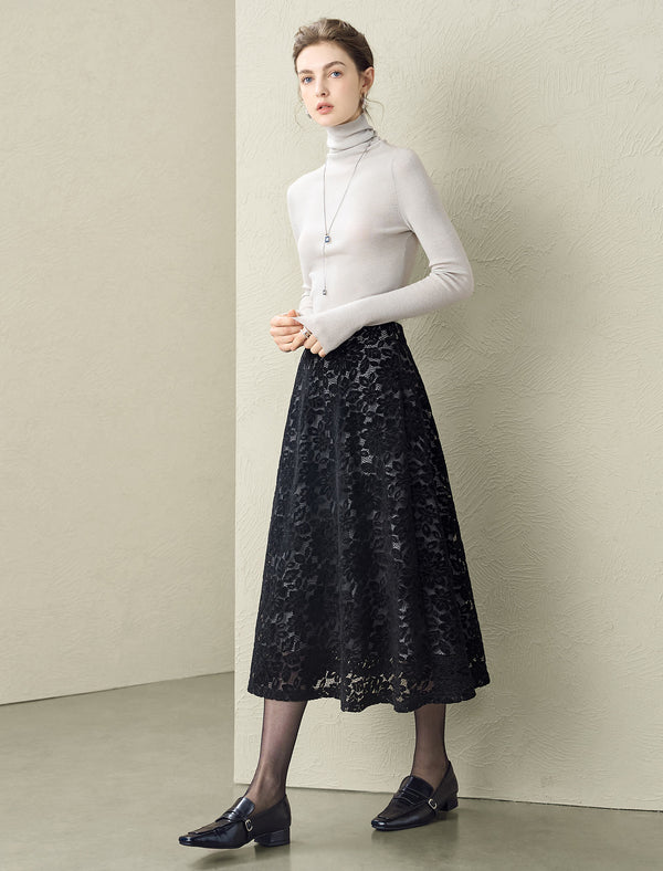 Black Floral Lace Midi Skirt