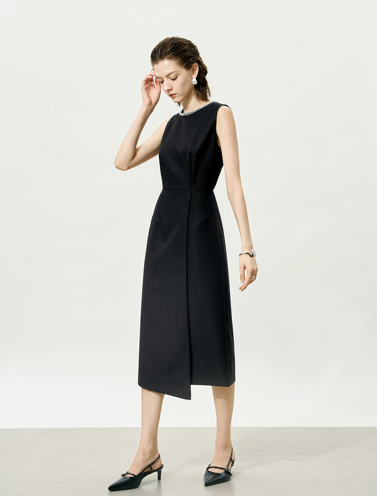 Embellished Neckline Asymmetric Midi Dress