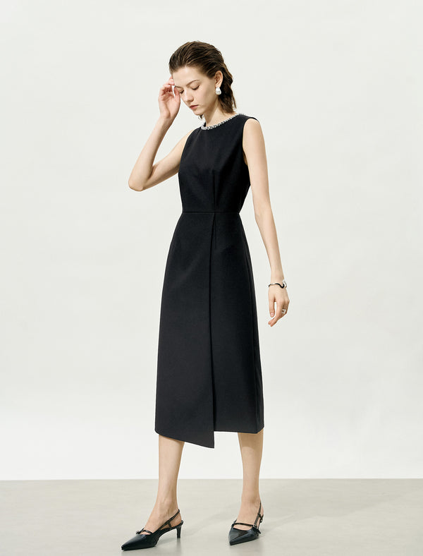 Embellished Neckline Asymmetric Midi Dress