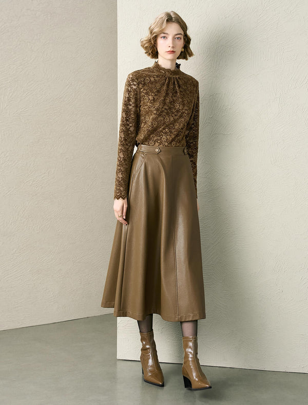 Floral Lace Mock Neck Ruched Blouse