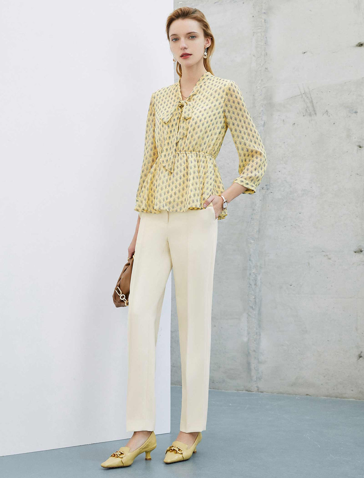 Leaf Print Peplum Tie Neck Blouse