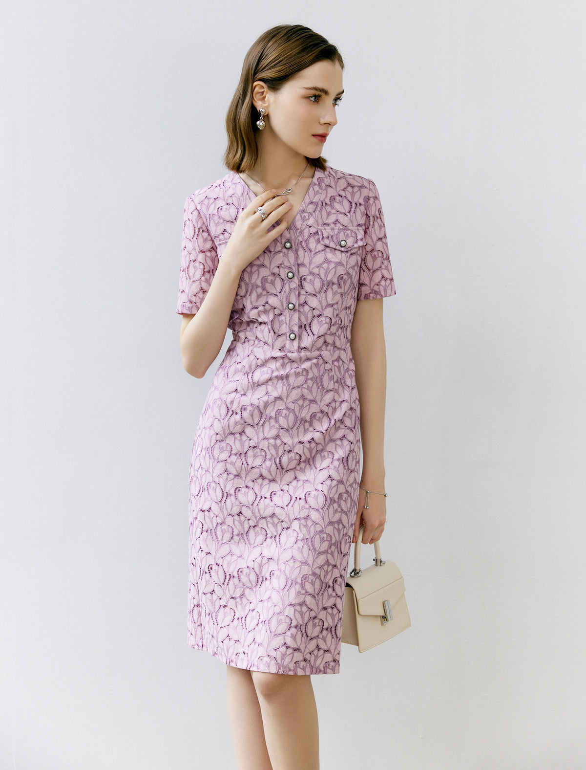 Lilac Floral V-Neck Lace Dress