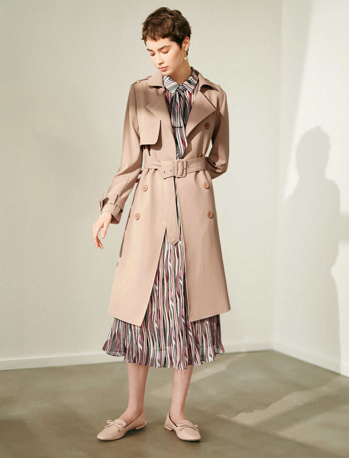 Collared Double-Breasted Belted Relaxed Trench Coat