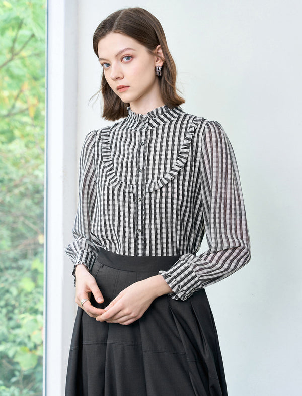 Chiffon Checkered Ruffle Detail Blouse