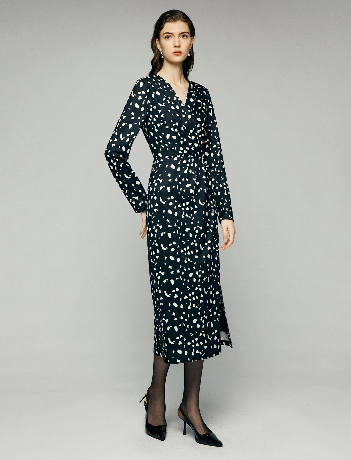 Abstract Dot Print V-Neck Ruched-Waist Long Sleeve Wrap Midi Dress