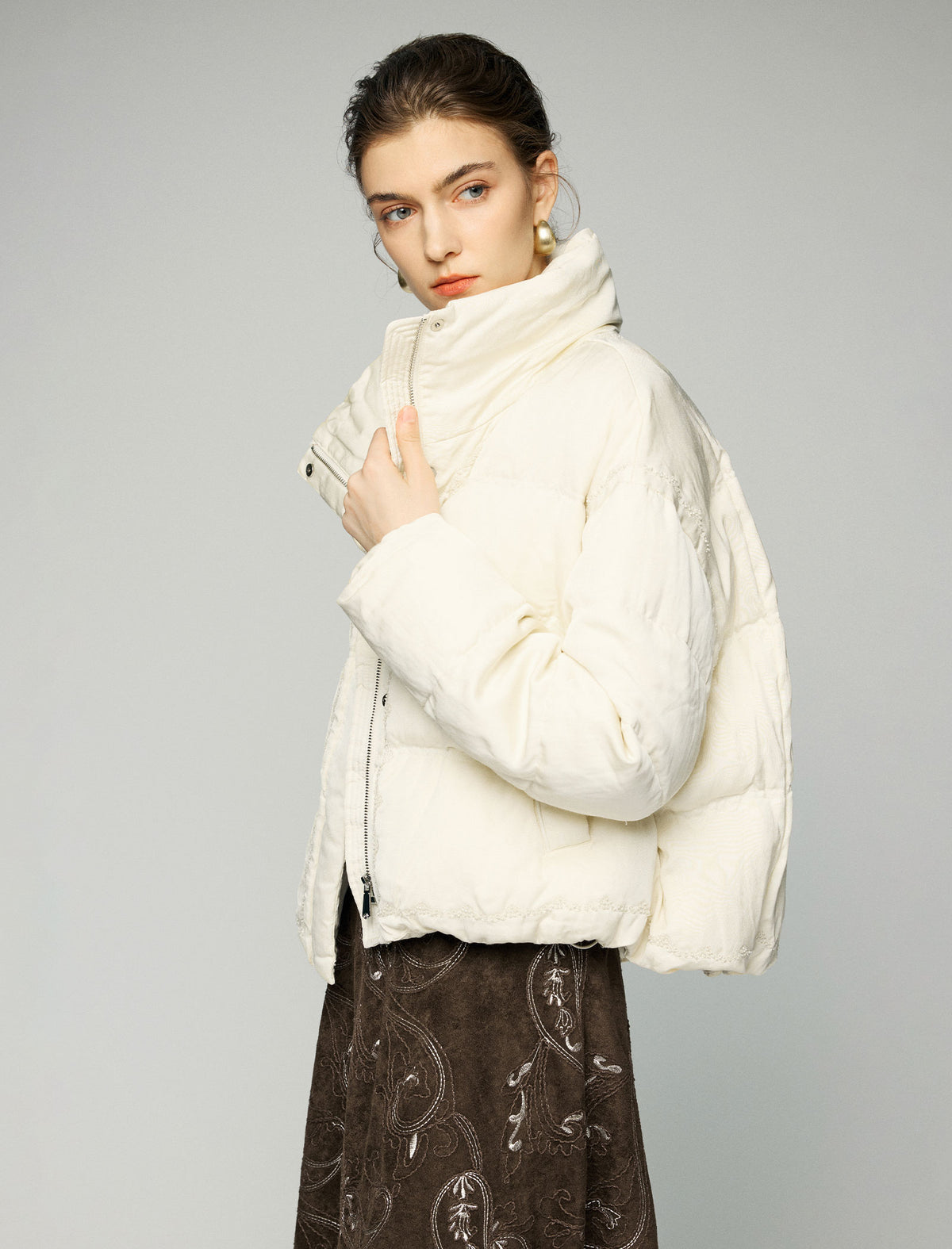 Textured Stand-Collar Zip-Front Cropped Puffer Jacket