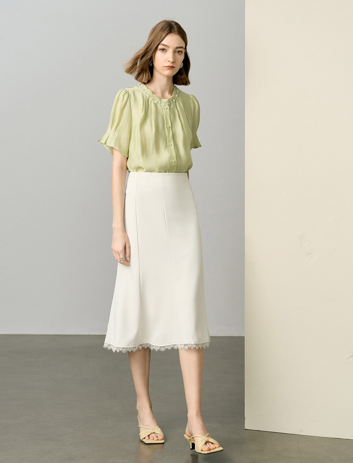 Lace Trim A-Line Midi Skirt