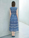 Blue Geometric Print V-Neck Sleeveless Waist Fitted Midi Dress