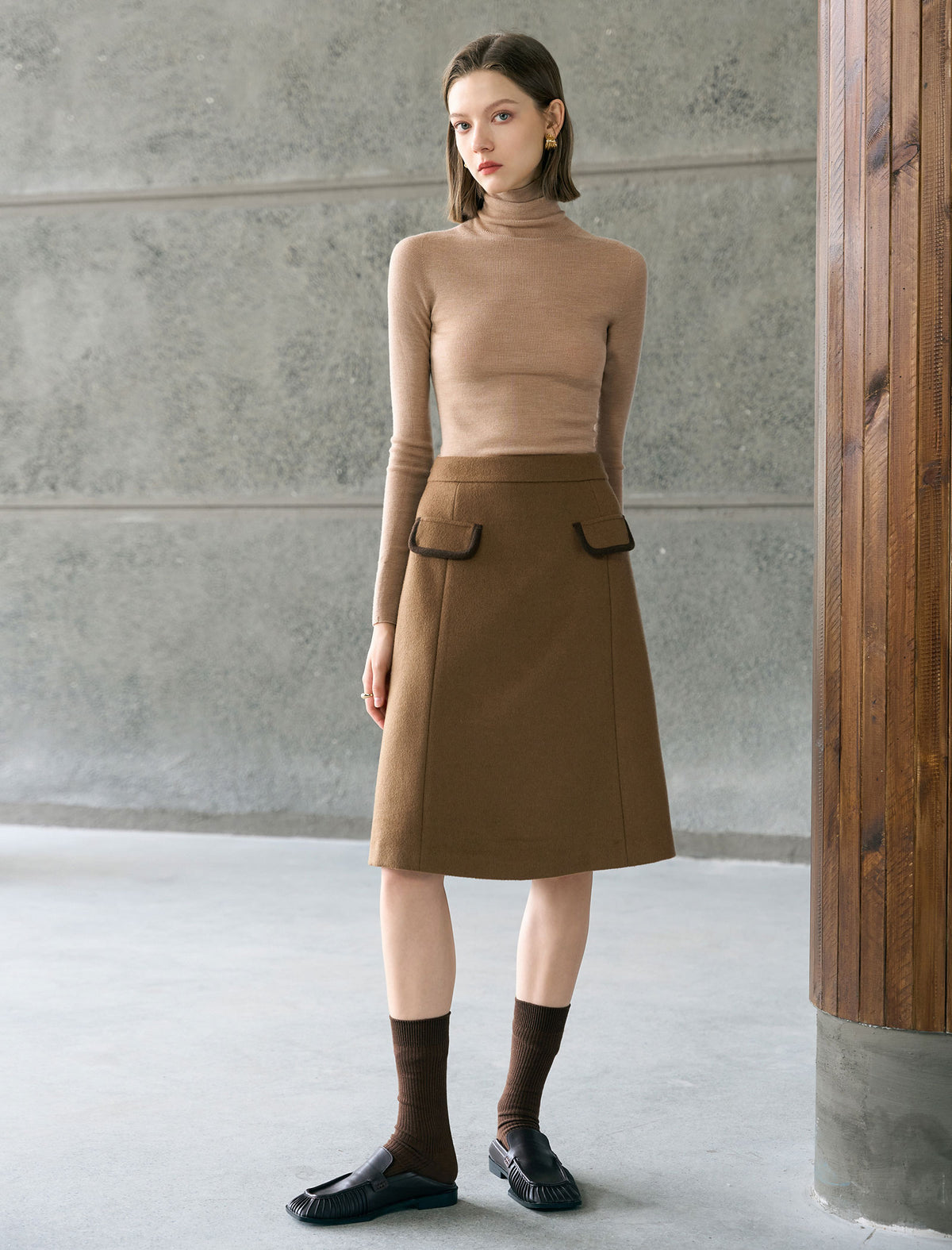 Wool Gray Double-Faced High-Waist A-Line Midi Skirt