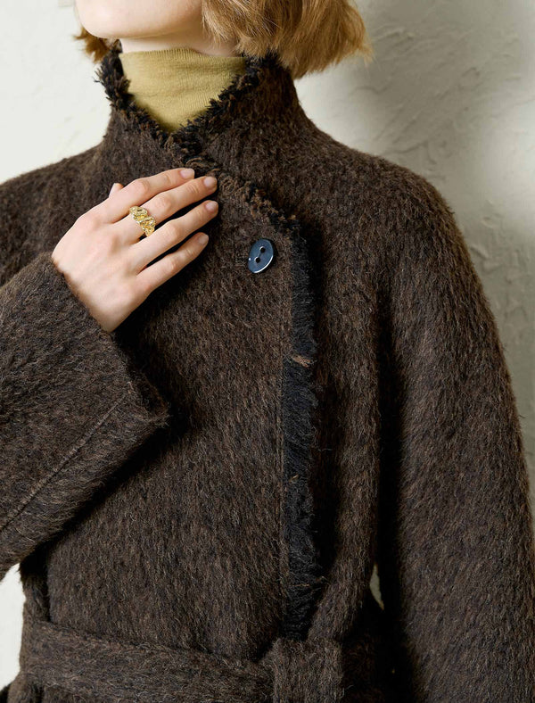 Textured Wool-Alpaca Blend Fringe Detail Wrap Coat