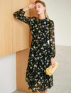 Black Floral Ruffled Neck Chiffon Midi Dress