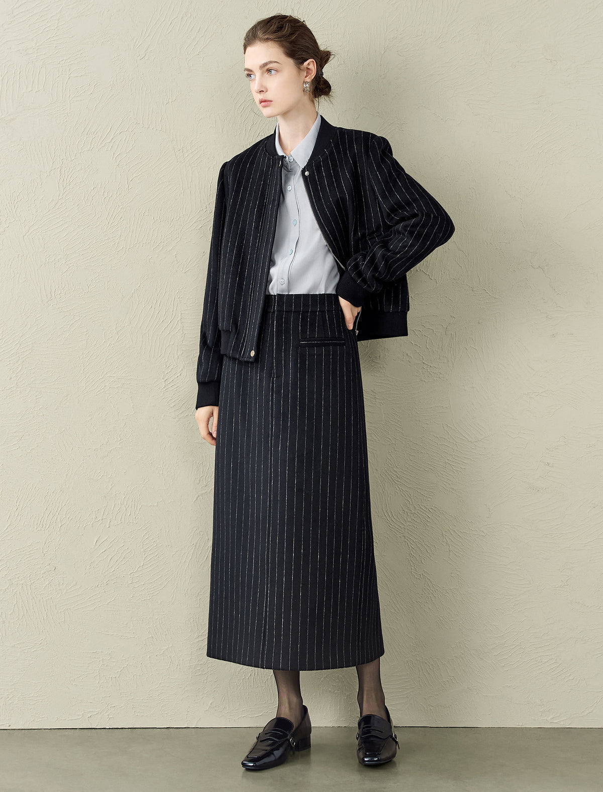Black Pinstripe Wool-Blend Midi Skirt