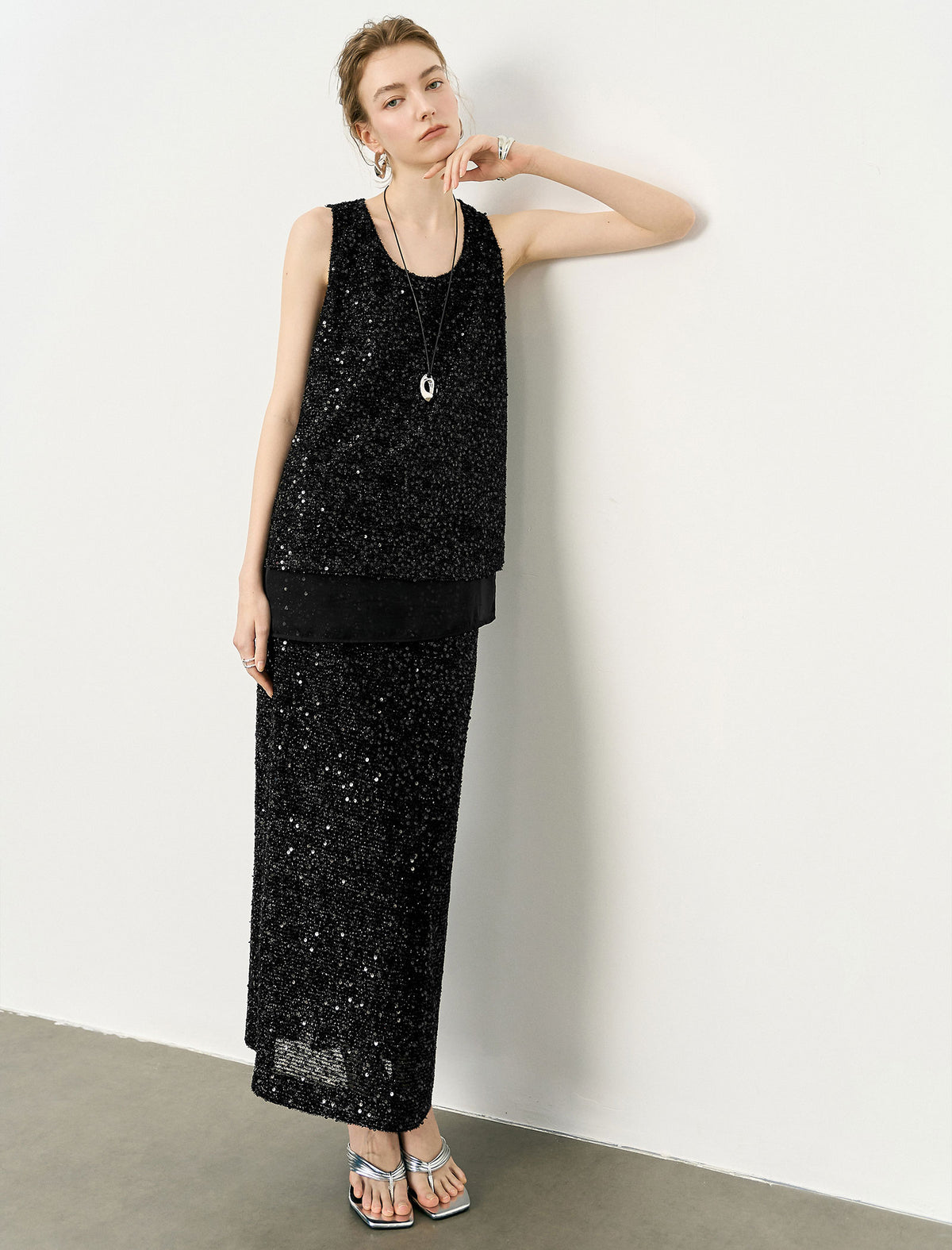 High-Waisted Sequin Column Midi Skirt