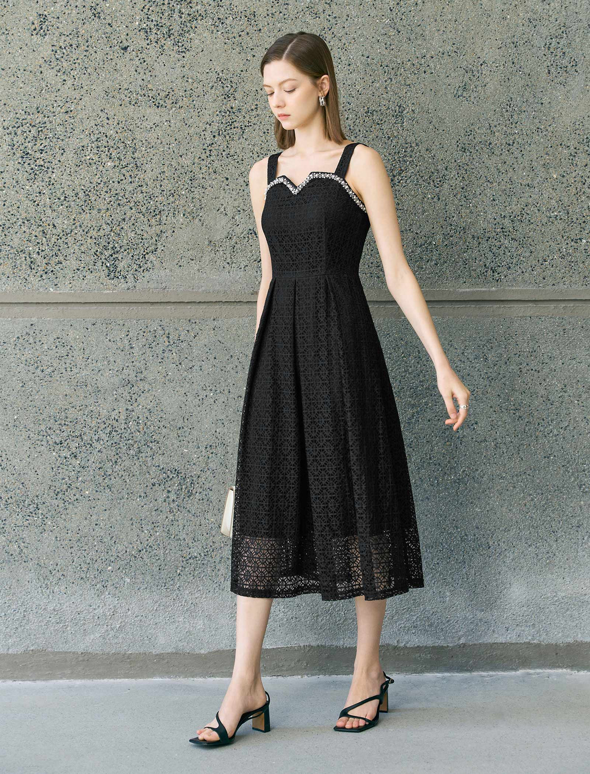 Embellished Trim Black Lace Midi Dress