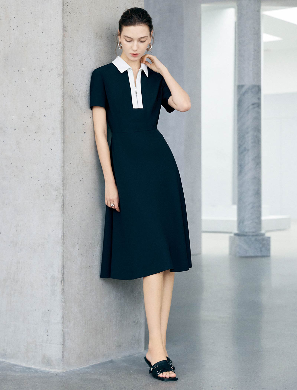 Contrast Collar Zip Front Short Sleeve A-Line Midi Dress