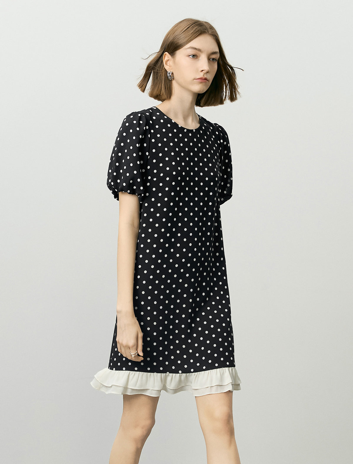 Black Polka Dot Puff Sleeve Ruffle Hem Dress